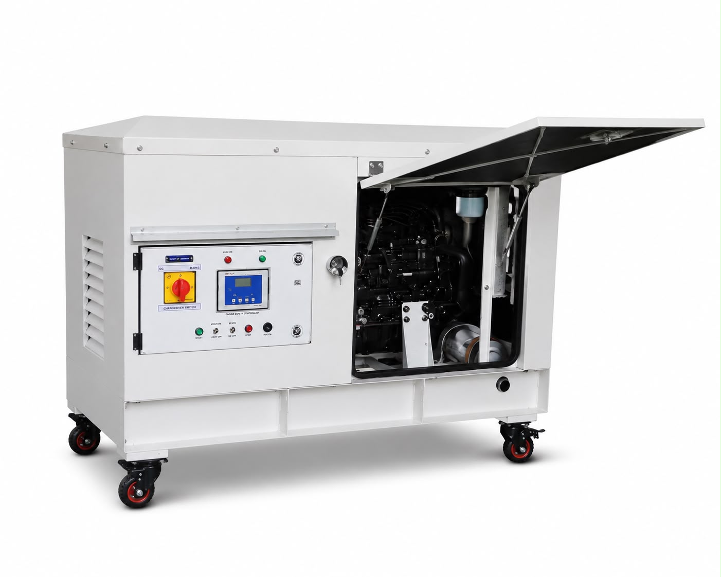 Trimega diesel generator set with acoustic enclosure and open service door