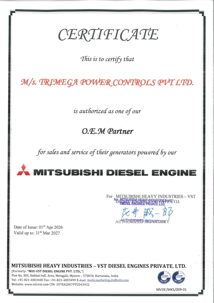 Trimega Power Controls OEM certificate from Mitsubishi Heavy Industries – VST Diesel Engines, valid 1 April 2026 to 31 March 2027